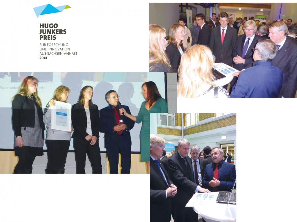 Links: Mit Dr. Andreas Neubert nahmen Angela Höer, Sabrina Pelz und Frances Wolf (von links) in Magdeburg den Preis für die IDT entgegen. Rechts: MDR-Moderatorin Susi Brandt interviewte die Gewinner-Teams auf der Bühne.